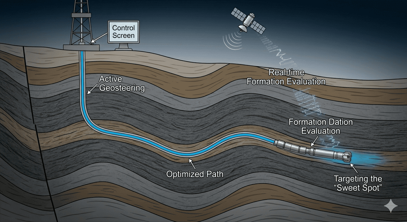 Horizontal well geosteering diagram showing real-time formation evaluation and targeting of the reservoir sweet spot