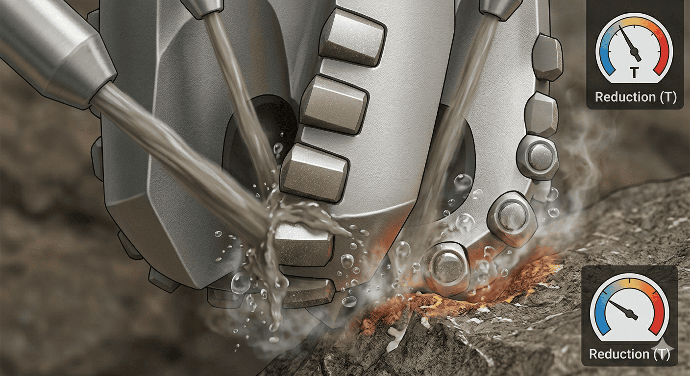 Close-up technical illustration of drilling fluid cooling and lubricating a drill bit while cutting rock