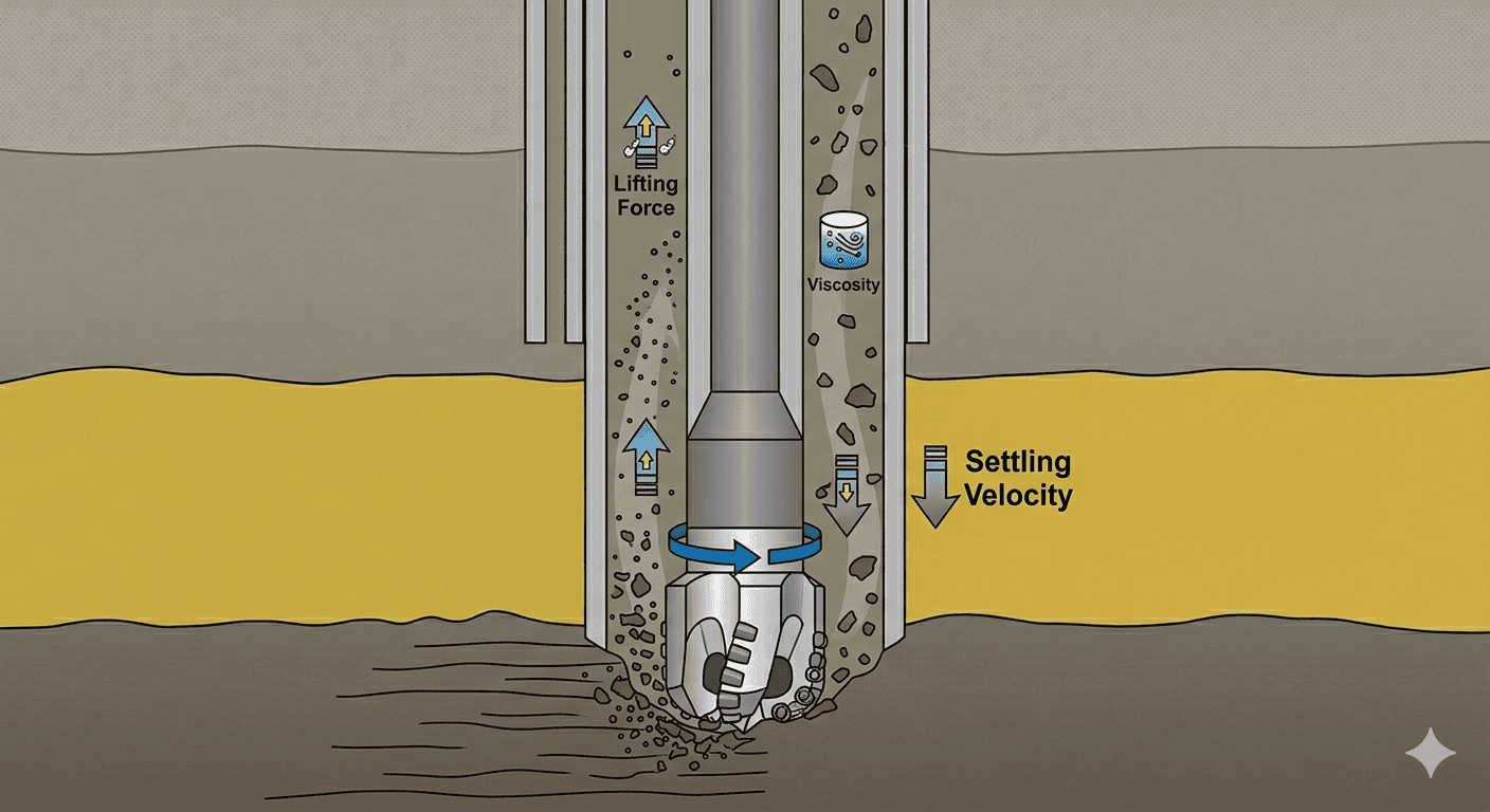 Diagram showing drilling fluid lifting drill cuttings up the annulus while cuttings settlement acts downward