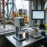 Drilling fluids engineer testing mud properties in a rig lab with the active mud system visible outside
