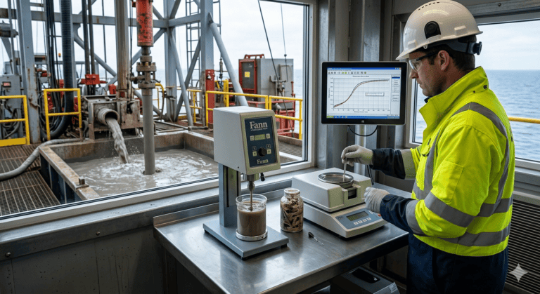 Drilling fluids engineer testing mud properties in a rig lab with the active mud system visible outside