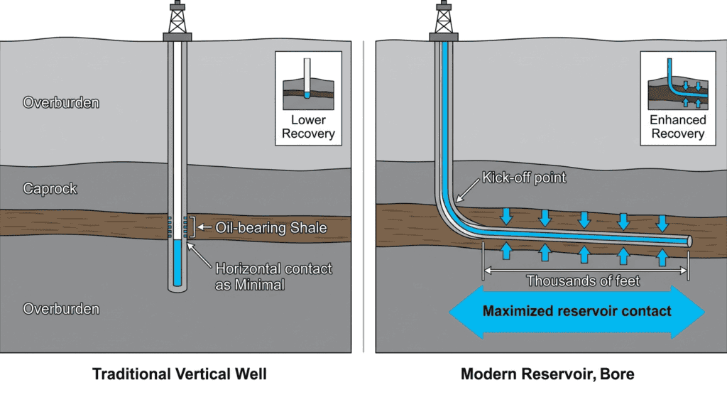 Technical cross-section comparing a traditional vertical well with a horizontal well showing greater reservoir contact