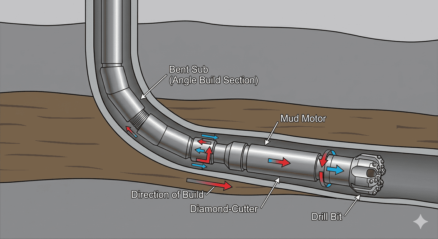 Diagram of a mud motor, bent sub, drill bit, and build section used to steer a horizontal well