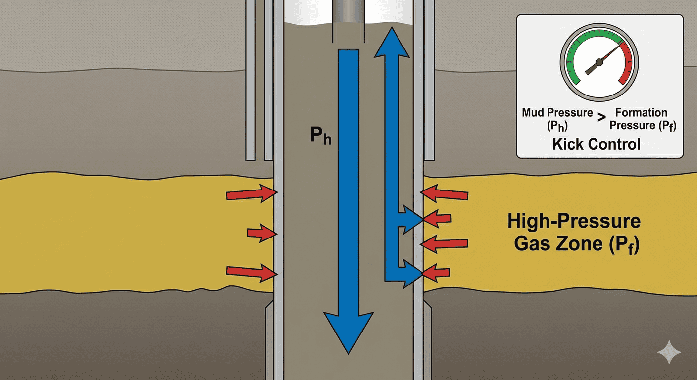 Diagram showing mud hydrostatic pressure balancing formation pressure to prevent a kick