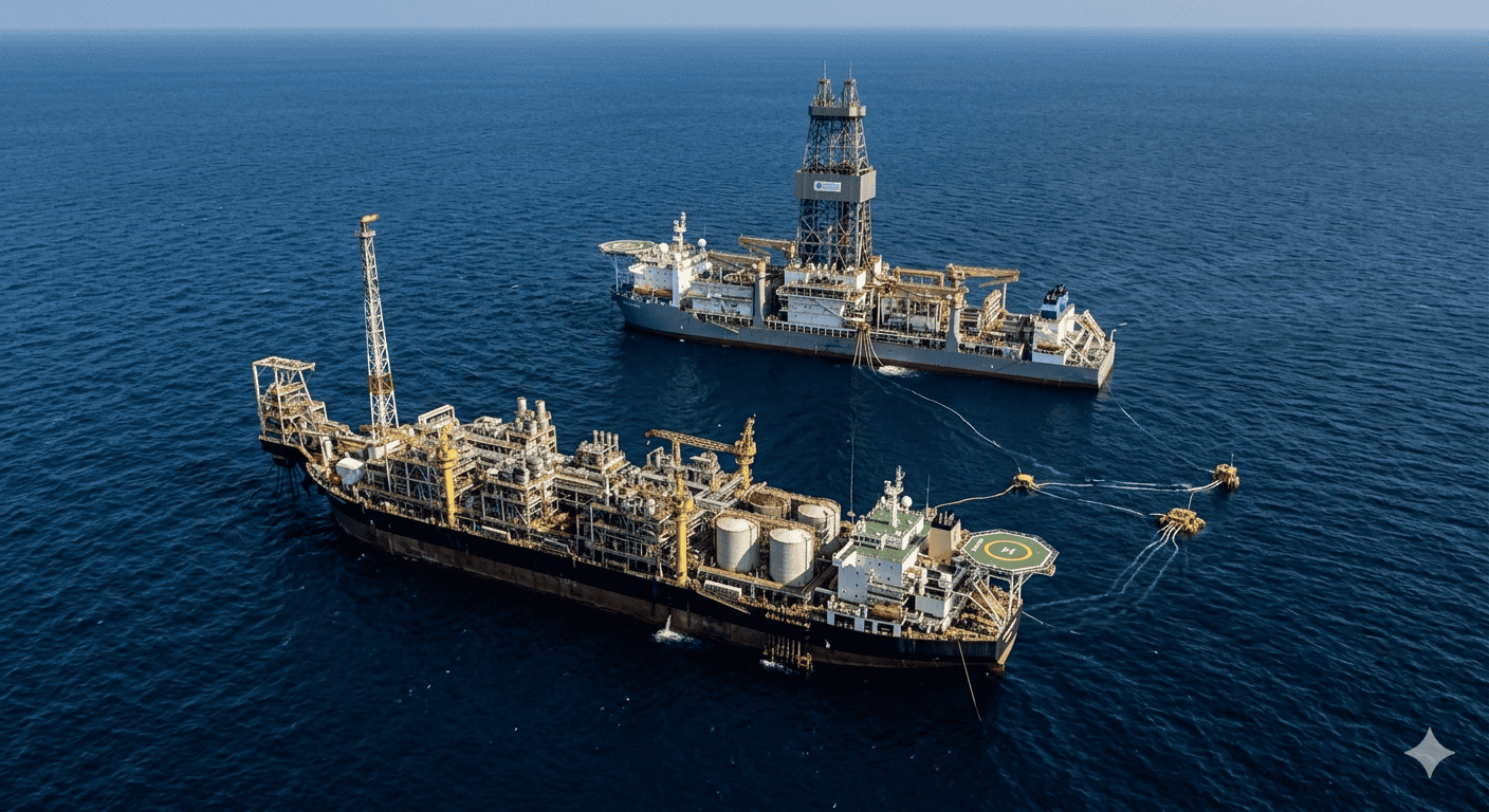 Deepwater offshore production facility and drilling vessel showing why sand control decisions are harder to remediate offshore