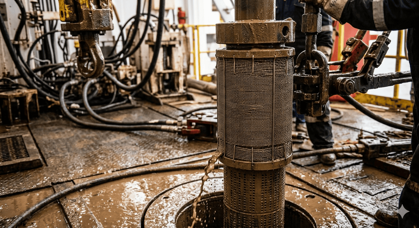 Close-up of sand control screen completion equipment on a rig floor