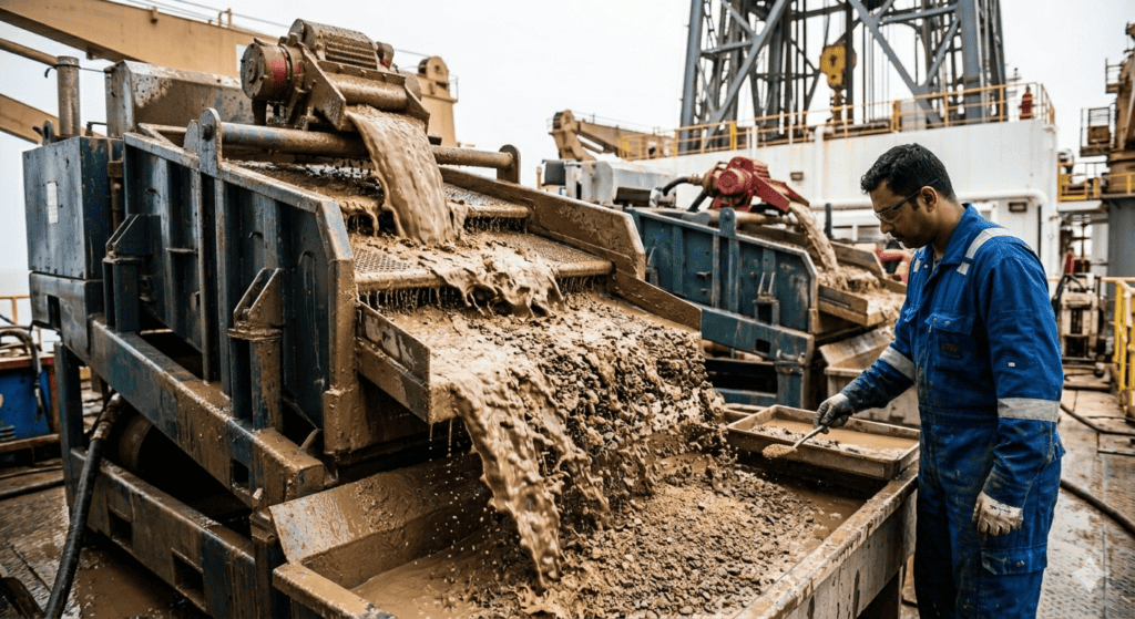 Offshore rig crew member inspecting sand-laden returns at surface equipment during sand control operations