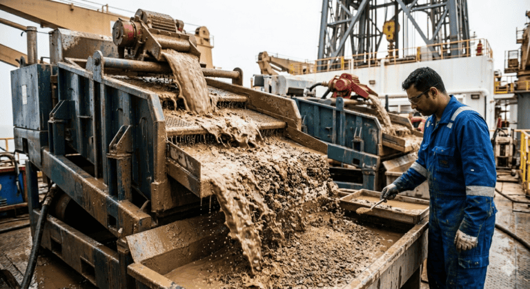 Offshore rig crew member inspecting sand-laden returns at surface equipment during sand control operations