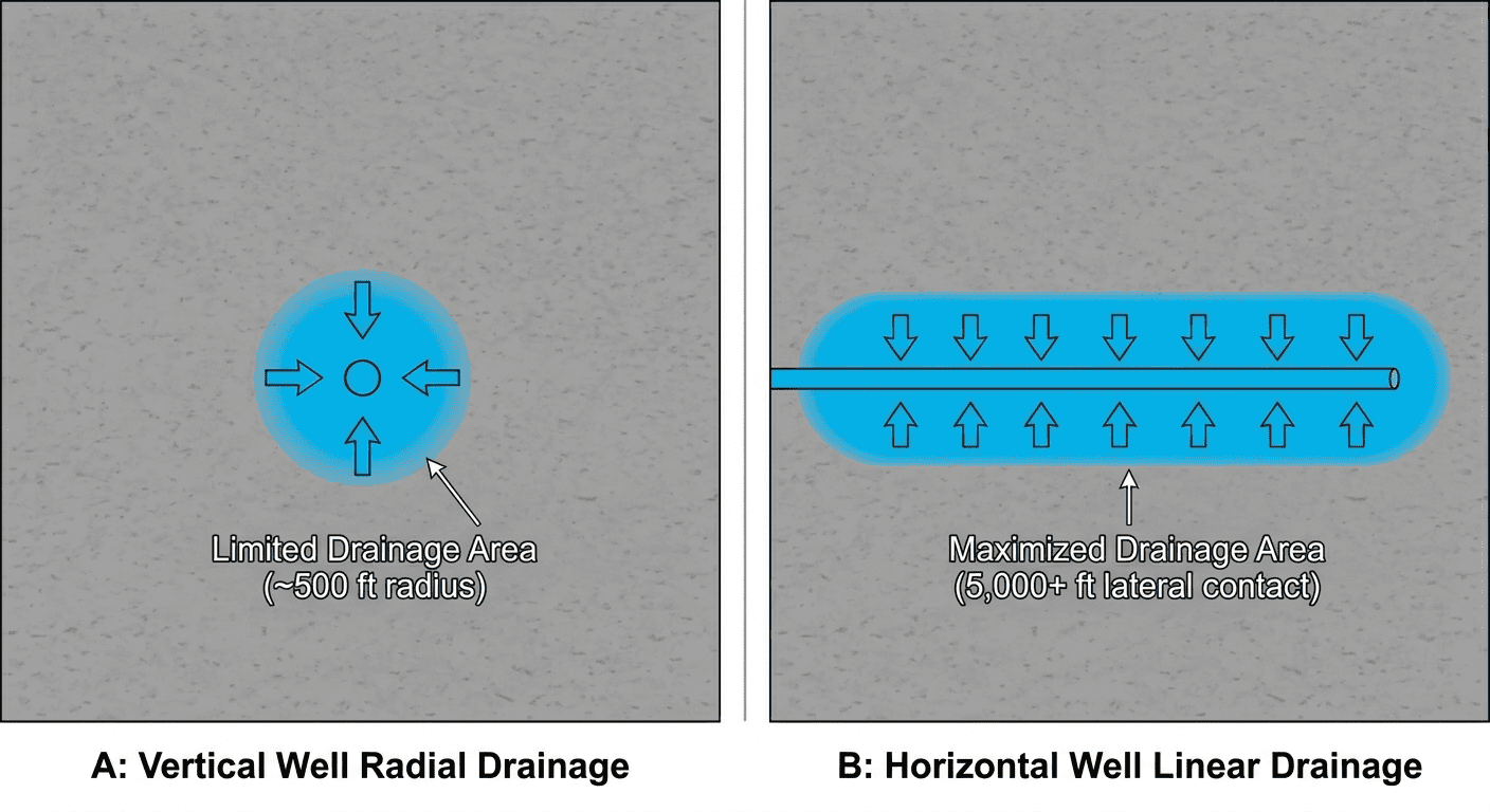 Plan-view comparison of limited radial drainage around a vertical well and larger linear drainage around a horizontal well